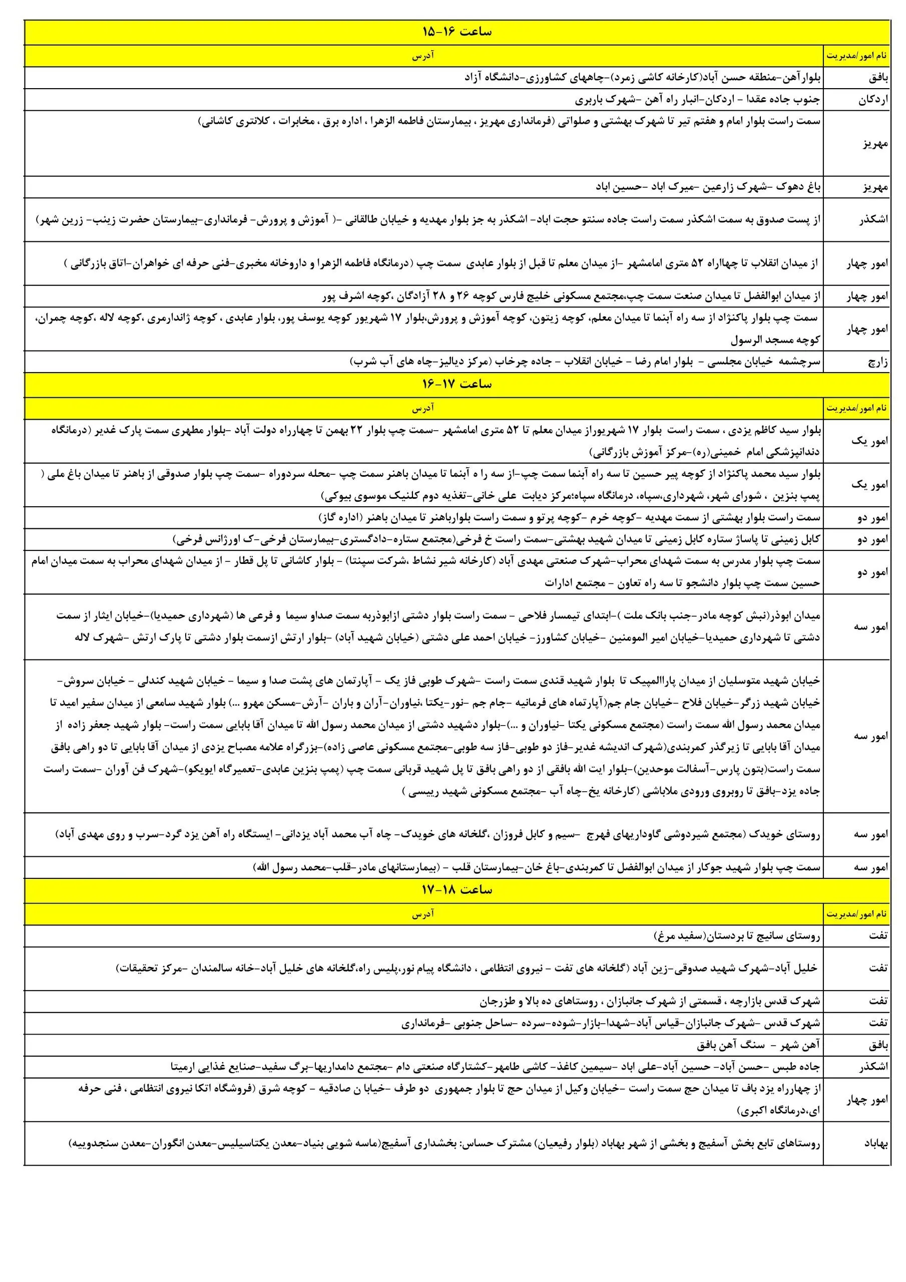 جدول قطعی برق یزد امروز یکشنبه 7 تیر 1405