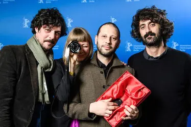 (L-R)+Andre+Mielnik_+Helen+Olive_+Camilo+Restrepo+and+Gustavo+Beck+pose+with+the+GWFF+First+Feature+Award+for+the+movie+_Los+Conductos_+at+the+award+winners+press+c