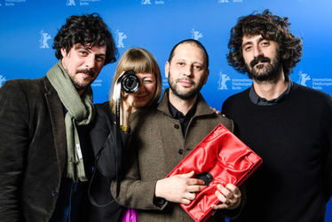 (L-R)+Andre+Mielnik_+Helen+Olive_+Camilo+Restrepo+and+Gustavo+Beck+pose+with+the+GWFF+First+Feature+Award+for+the+movie+_Los+Conductos_+at+the+award+winners+press+c