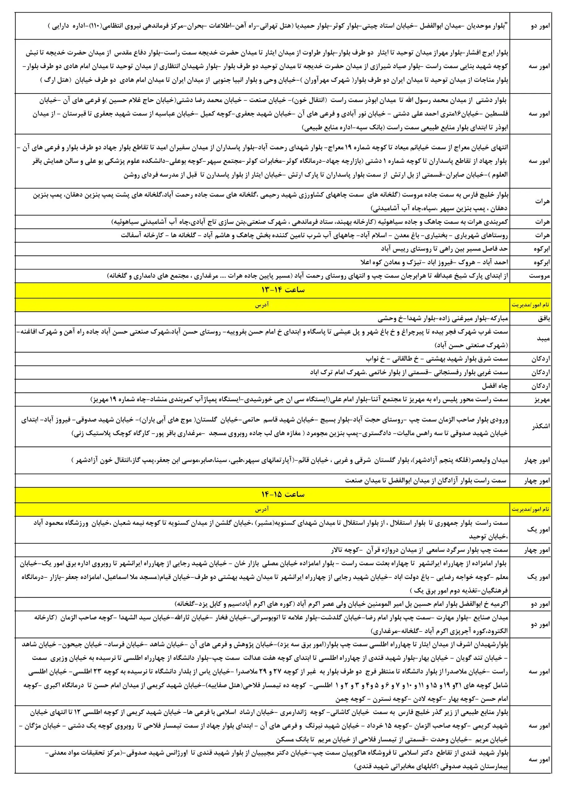 جدول قطعی برق یزد امروز یکشنبه 7 تیر 1405