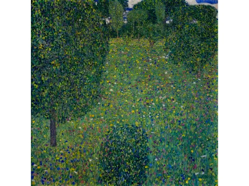 A jewel-like landscape painting of a meadow. 