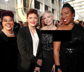 Tarana Burke (far right) started the #MeToo movement. She is pictured with fellow activist Rosa Clemente_ and actors Susan Sarandon and Michelle Williams