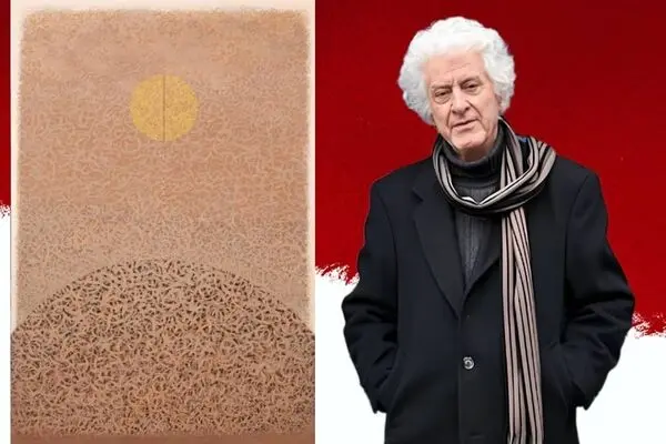 Gholamhossein Nami and a 23 year old abstract calligraphy work in the Raha Gallery Collection