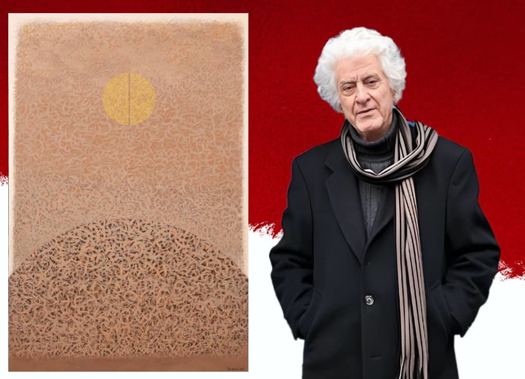 Gholamhossein Nami and a 23 year old abstract calligraphy work in the Raha Gallery Collection