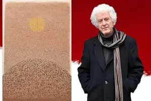 Gholamhossein Nami and a 23 year old abstract calligraphy work in the Raha Gallery Collection