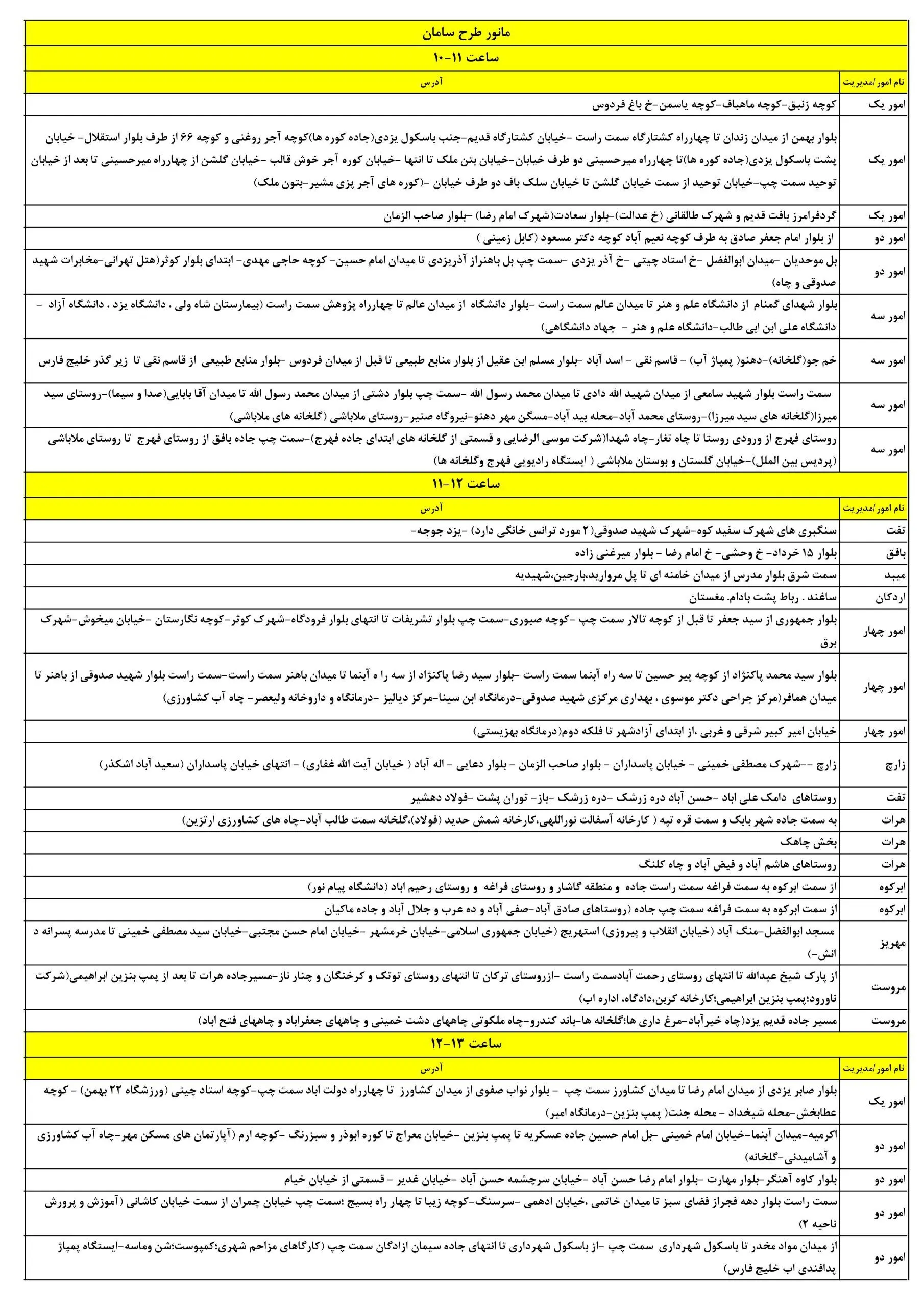 جدول قطعی برق یزد امروز یکشنبه 7 تیر 1405