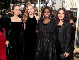 Natalie Portman_ Jessica Chastain_ Octavia Spencer and America Ferrera (l to r) arrive at the awards in Los Angeles. Women hanging out en masse was a big theme of the red carpet.